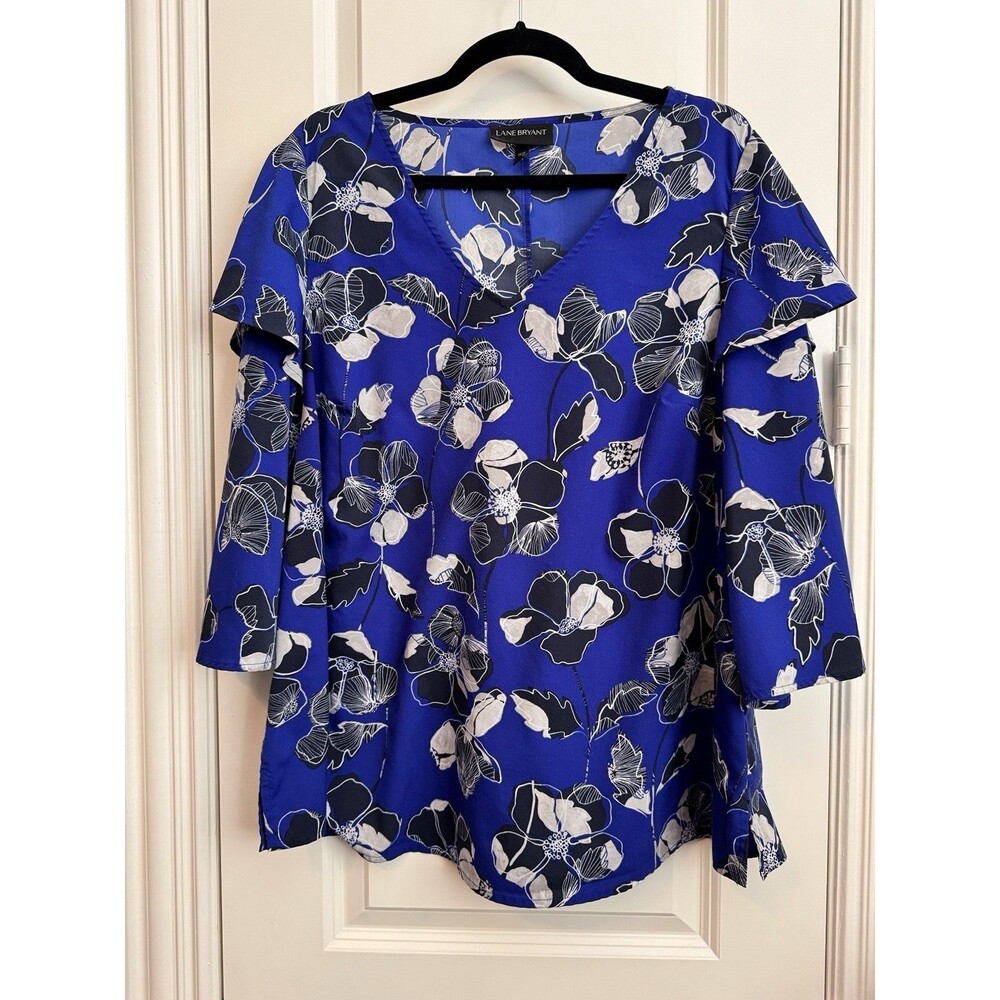 Lane Bryant Blue with Black and Taupe Floral 3/4 Length Bell Sleeves Top 14/16